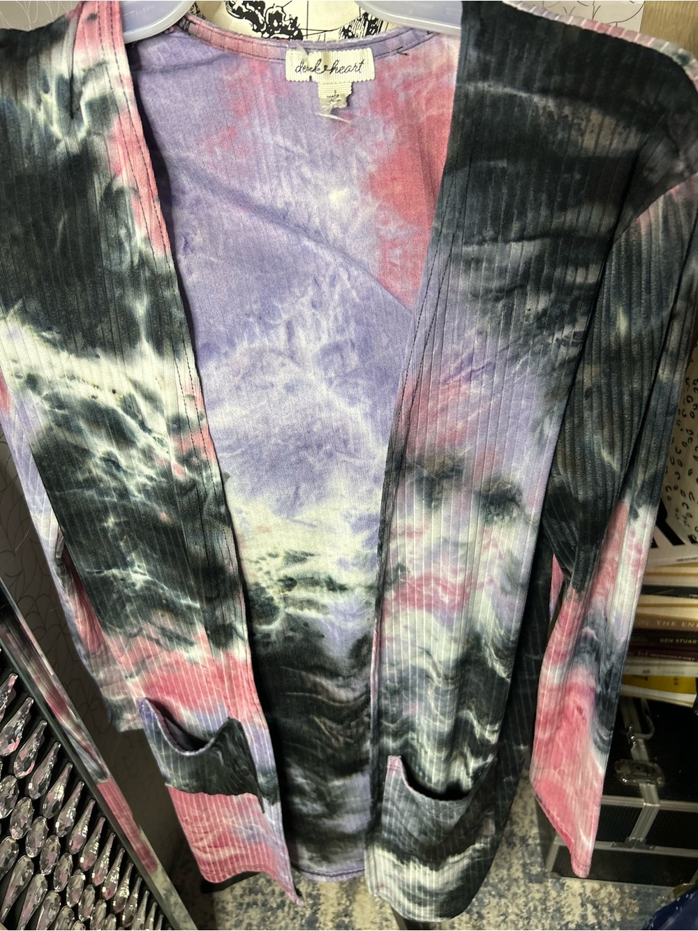 Women's Pink Purple Tie-Dye Ribbed Open Cardigan